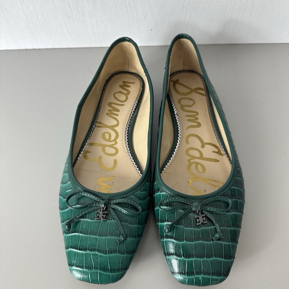 Sam Edelman Shoes Womens 8M Jillie Ballet Flats Green Croc Texture Bow Preppy - Picture 3 of 9